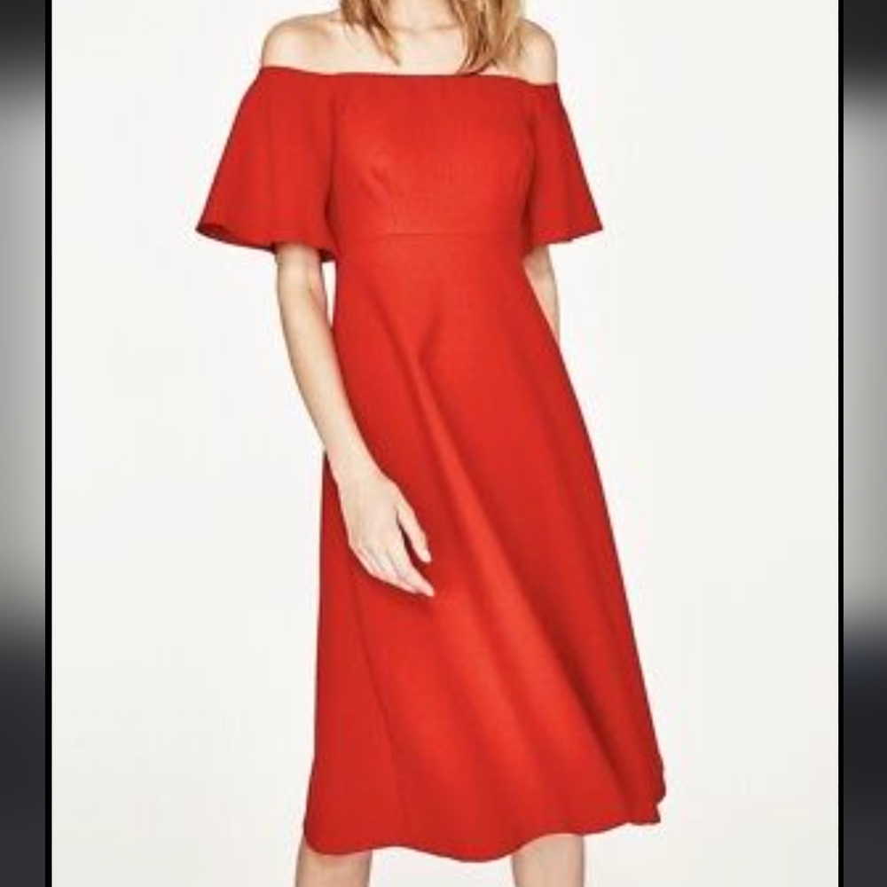 Zara red off shoulder fit and flare dress